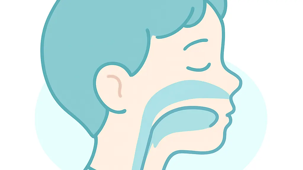 唇を閉じて鼻で呼吸する子どもの横顔と、舌が上あごに触れている様子を示した断面のイラスト
