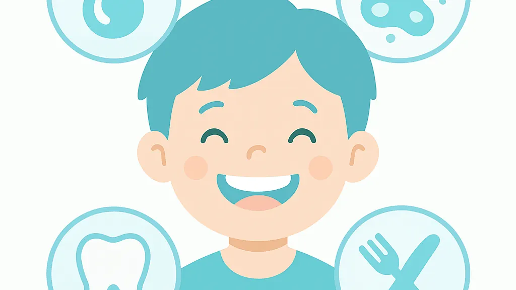 虫歯のなりやすさに関わるだ液・菌・食習慣・歯の形の要素を並べたイラスト
