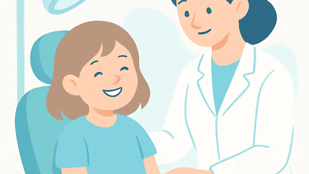 歯科の診療チェアに座る子どもと歯科医師のやさしい雰囲気のイラスト