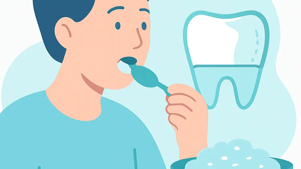 根管治療中に治療した歯を避けて反対側で噛む食べ方を示したイラスト