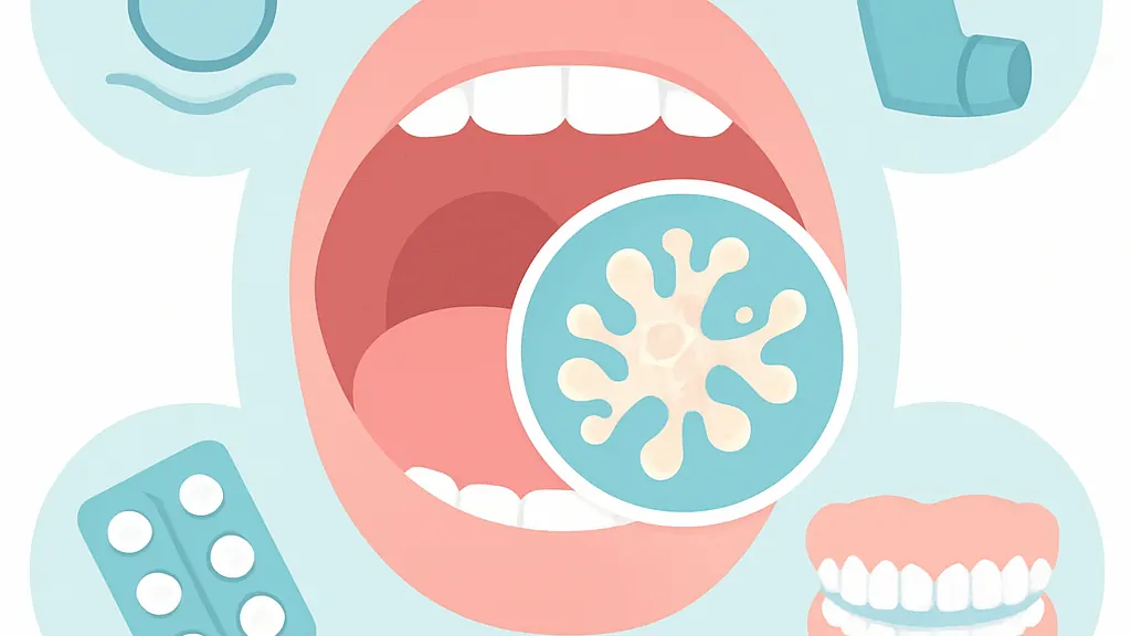 粘膜で増殖する真菌の拡大図と、口の乾き・吸入薬・抗菌薬・入れ歯という誘因アイコンを並べた図解イラスト