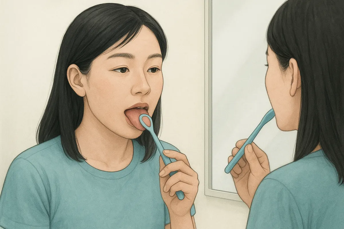 舌ブラシで舌の奥から手前へやさしくなでて舌のケアをする日本人のイラスト。1日1回が目安で力の入れすぎは避ける