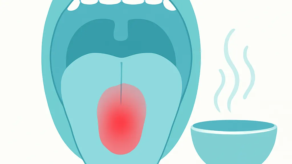 熱い飲食物で上あごと舌の粘膜が赤くなっている口の中を断面で示したフラットイラスト