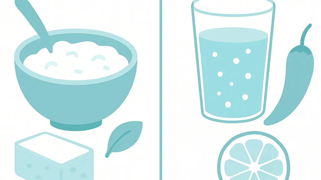 口の中のやけどのときに向く食事と避けたい飲食物を左右に並べて比較したイラスト