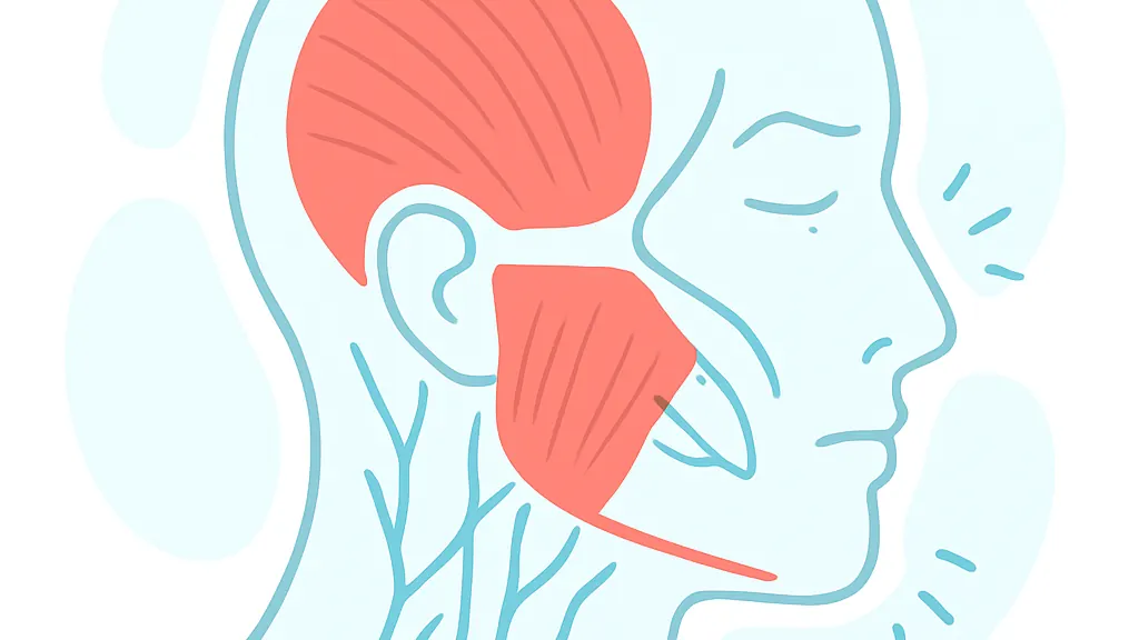 食いしばりで咬筋・側頭筋が緊張して血流が悪くなり、こめかみ・耳・首肩へ関連痛が放散する仕組みを示した模式図