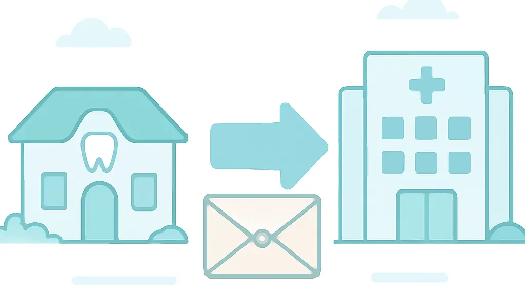 歯科医院から大学病院へ紹介状を持って向かう流れを表したイラスト