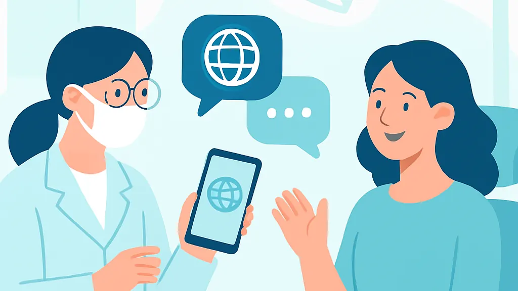 歯科医師と患者がスマートフォンの翻訳アプリを介して会話しているイラスト