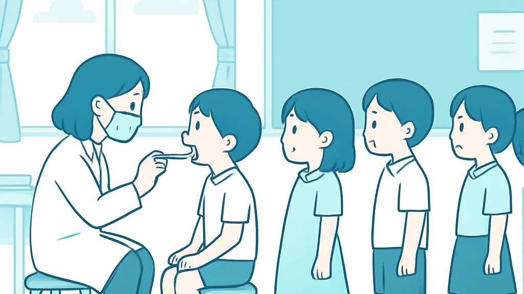 学校の保健室で歯科医師が児童の歯を小さな鏡で確認しているイラスト