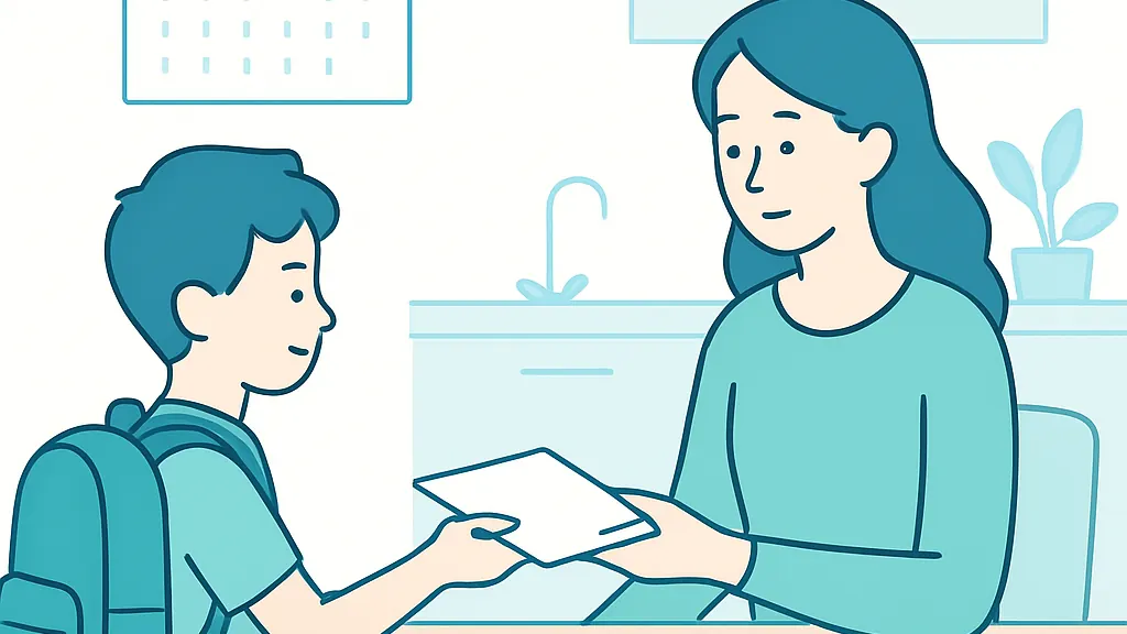 学校からの健診結果の用紙と鉛筆、小さな歯のアイコンが木の机に置かれたイラスト