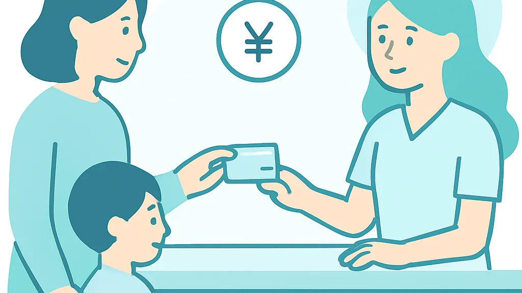 親と子どもが歯科医院の受付で医療証を提示し、窓口負担がゼロになることを示したフラットイラスト