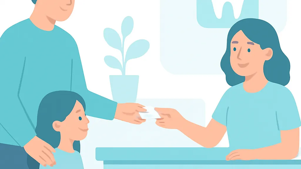 保護者と子どもが歯科の受付で医療証を提示している場面のイラスト