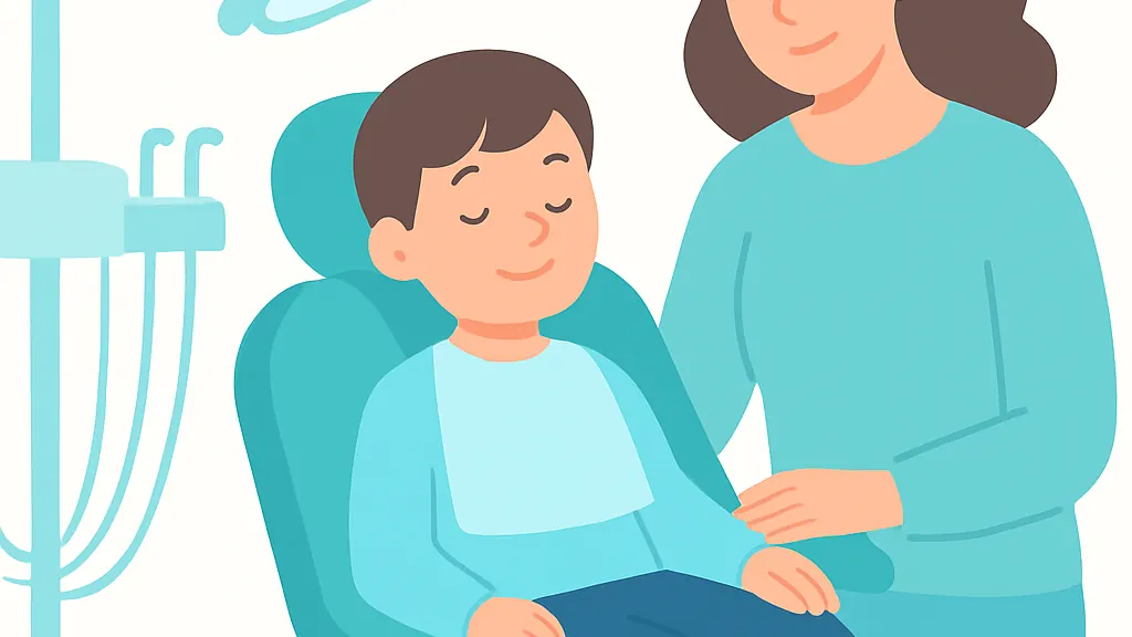 保護者に付き添われて診療チェアに座る子どもの明るい診療風景