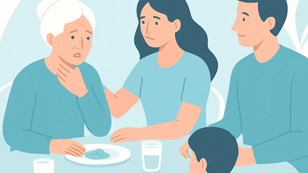 家族が食事の場面で高齢者の飲み込みや食べこぼしに気づく様子のイラスト