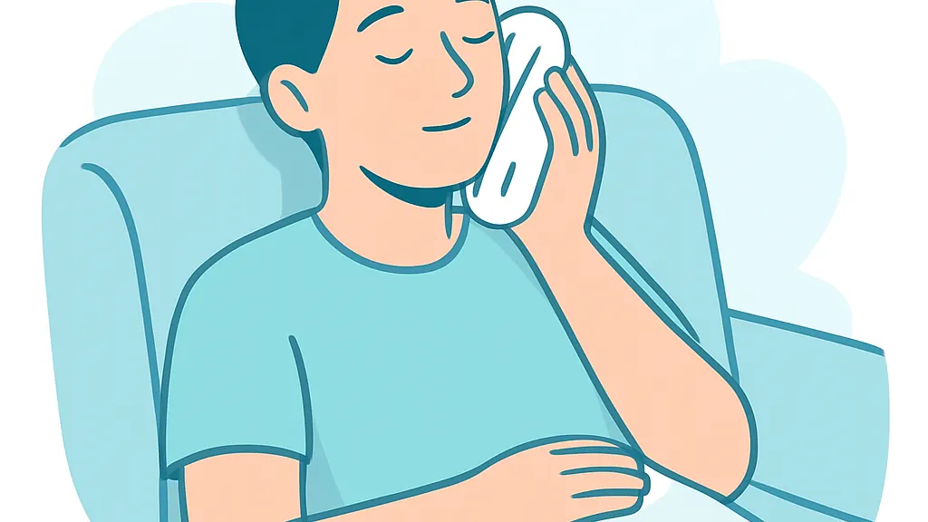 受診までのあいだに頬の外から冷やしている場面のイラスト