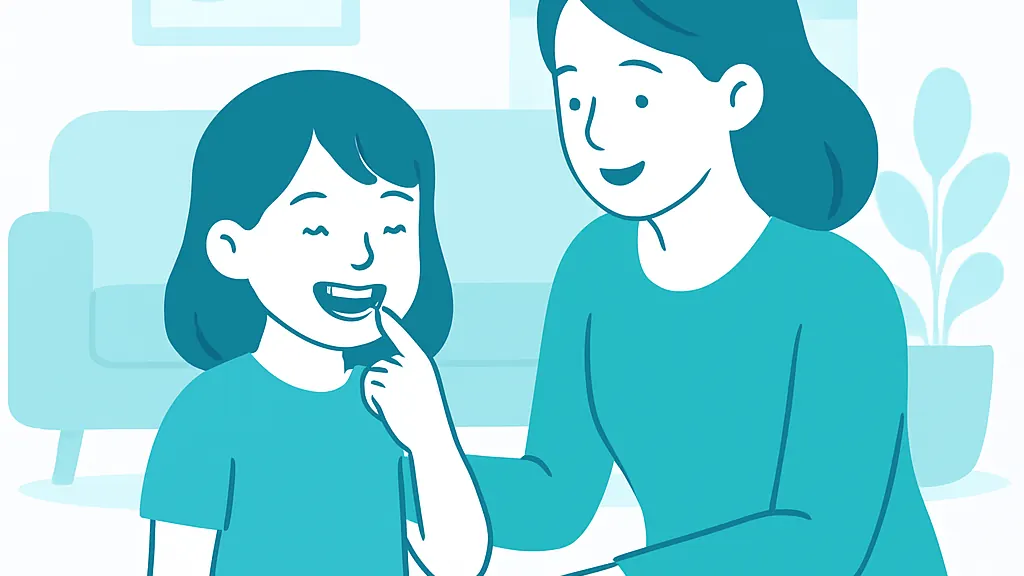 前歯がグラグラしている子どもと、その様子を見守る保護者のイラスト