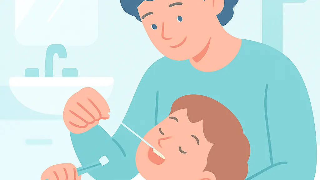 保護者が子どもの奥歯の間にデンタルフロスを通している仕上げ磨きの場面のイラスト