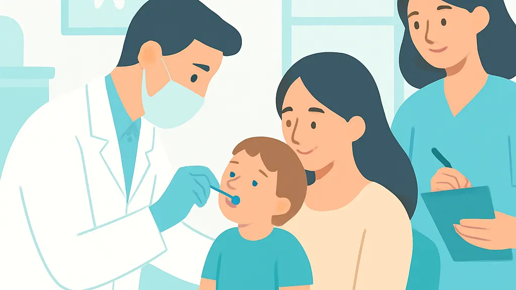 保健センターの歯科健診で歯科医師が幼児の口の中をミラーで確認している場面のイラスト