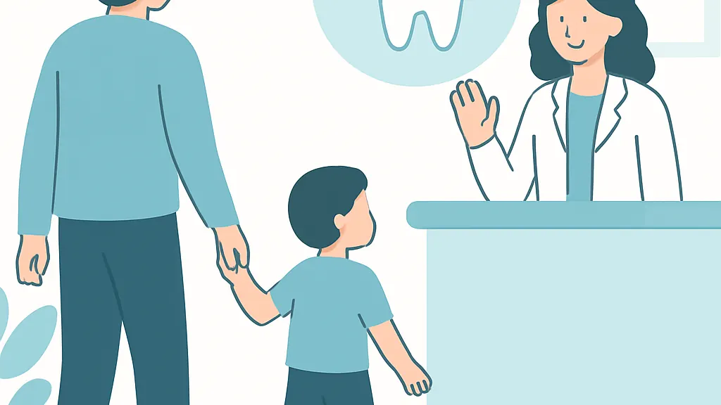 健診の結果票を持って歯科医院を訪れた保護者と幼児を歯科医師が迎えている場面の図