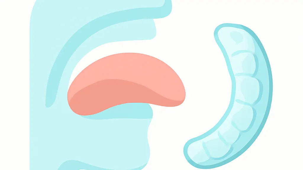 舌先を上あごにつけて飲み込む練習を示した口の断面図と、透明なリテーナーを描いたイラスト
