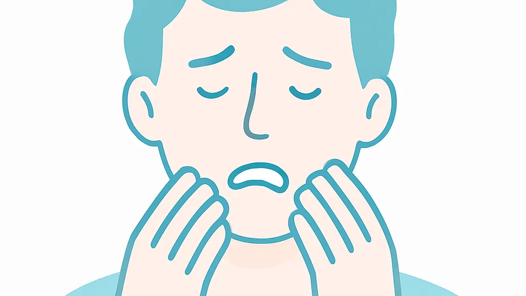 両手で下あごを押さえ、口をわずかしか開けられずにいる人のイラスト