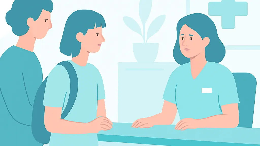 長期休暇中に保護者と学生が歯科医院の受付に並んでいるイラスト