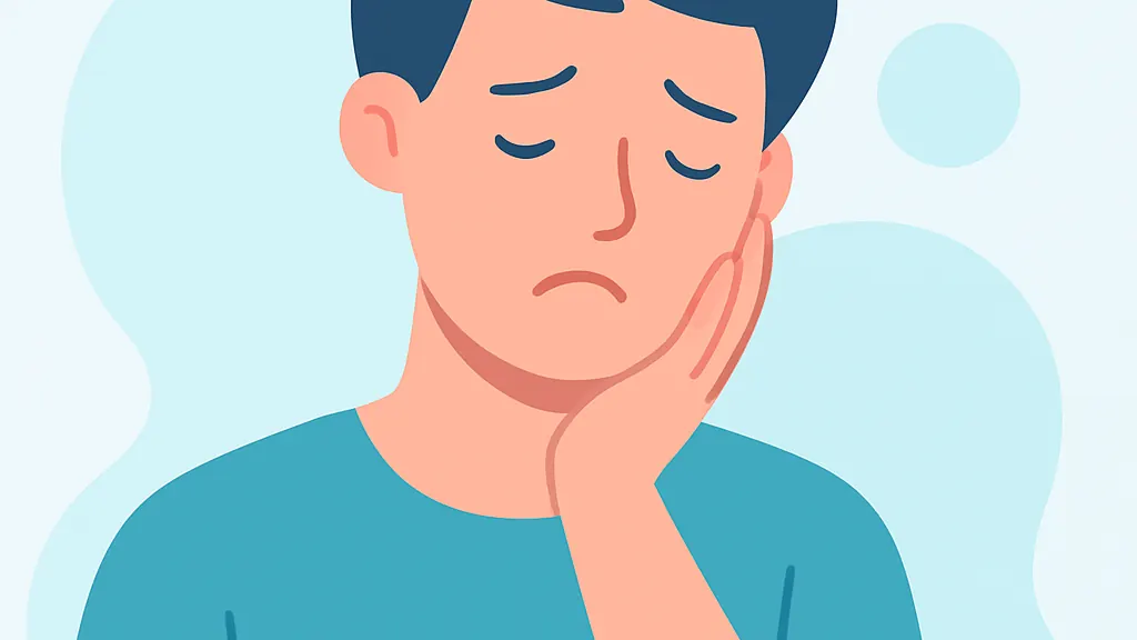 下あごに手を添えて少し違和感がある表情をしている若い人のイラスト