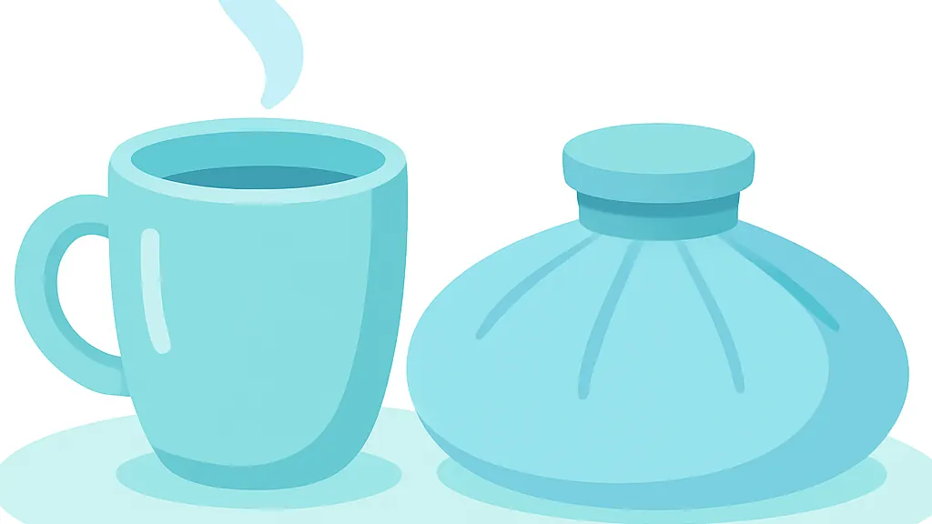 温かいカップと丸い保冷剤が小さなテーブルに並んで置かれているイラスト