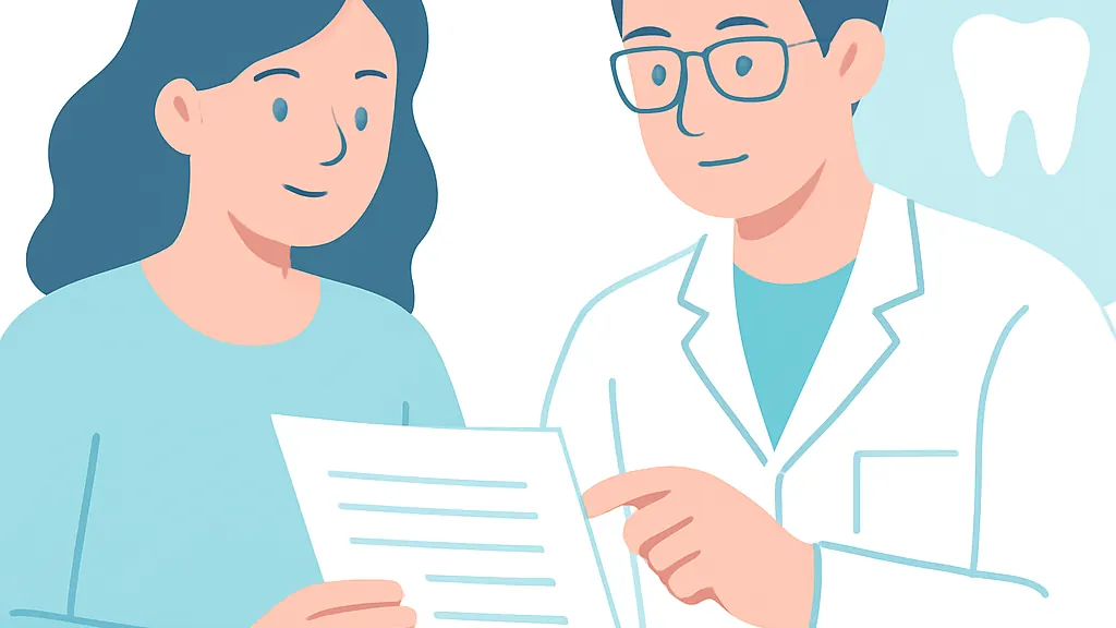 患者が見積書を読み、歯科医師が項目を指し示しているイラスト