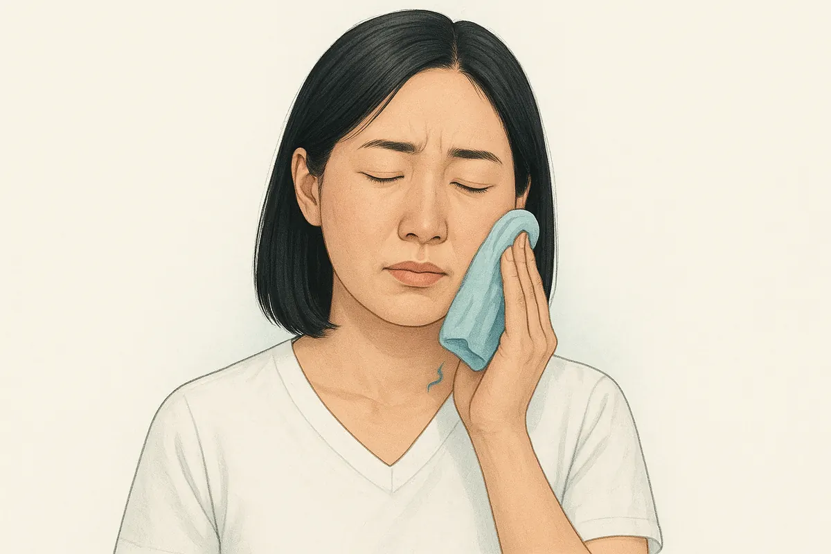 親知らずが痛むときの応急的な対処の図。日本人の大人が頬の外から濡れタオルでやさしく冷やしており、入浴・飲酒・運動・温めは避けるべきことを示す