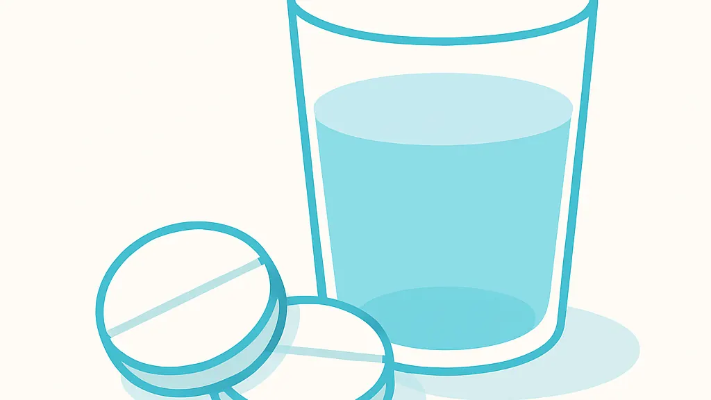錠剤が2粒と水の入ったグラスが明るいテーブルに置かれているイラスト
