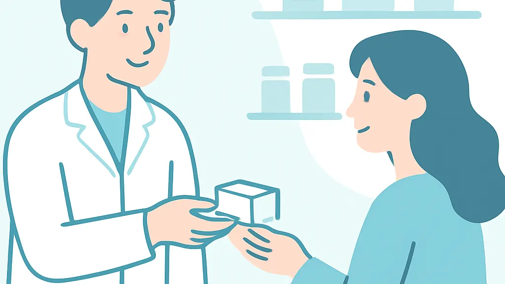 カウンター越しに薬剤師が小さな箱を手渡している場面のイラスト