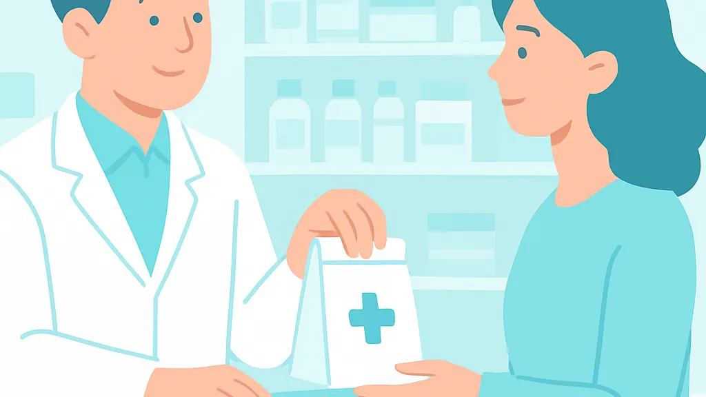 薬局のカウンターで薬袋を受け取る患者のイラスト