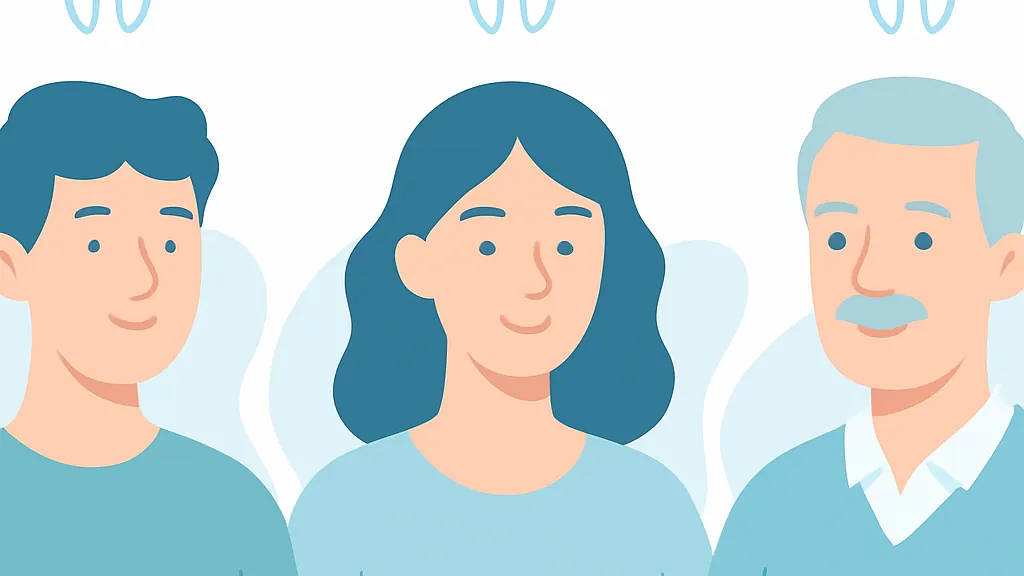 年代の異なる三つの人型シルエットがゆるやかな弧の上に並んだイラスト