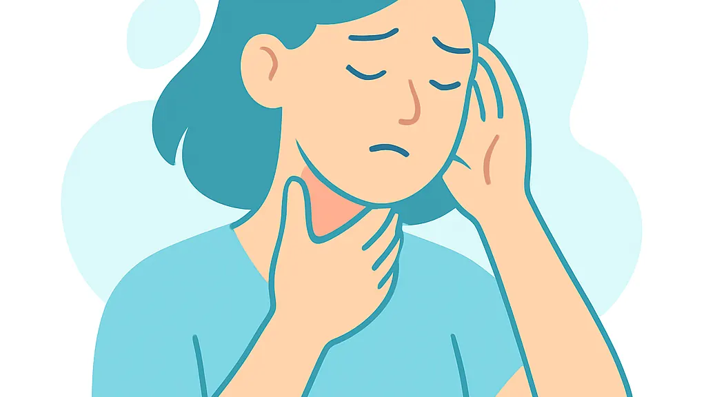 片手をのどに、もう片方の手を耳に当てている人のイラスト