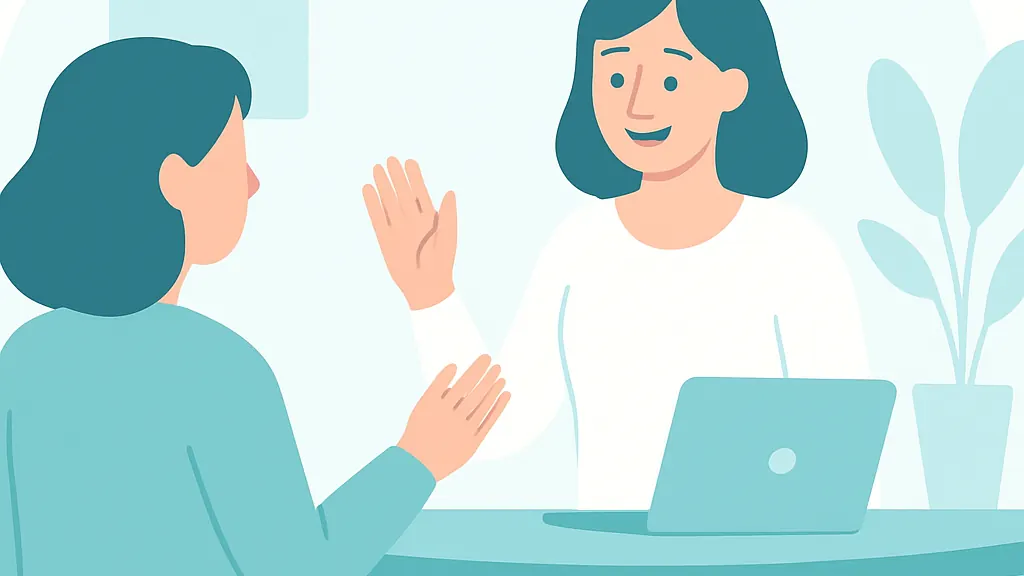 治療を再開するために久しぶりに歯科医院を訪れた人を受付が穏やかに迎えている様子を示した図