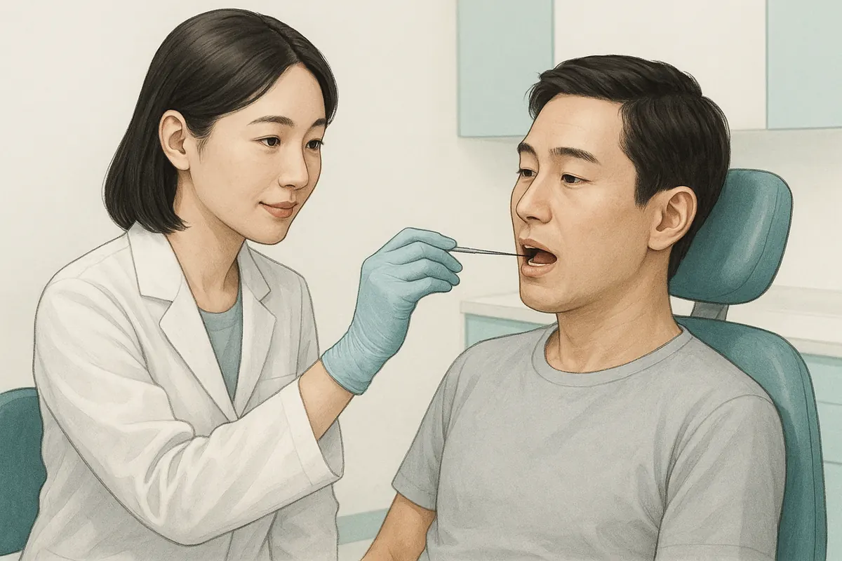 歯科医院での歯周病検査の図。歯科医師が細い器具で患者の歯周ポケットの深さを測り、出血や歯の動揺、骨の状態を調べる様子
