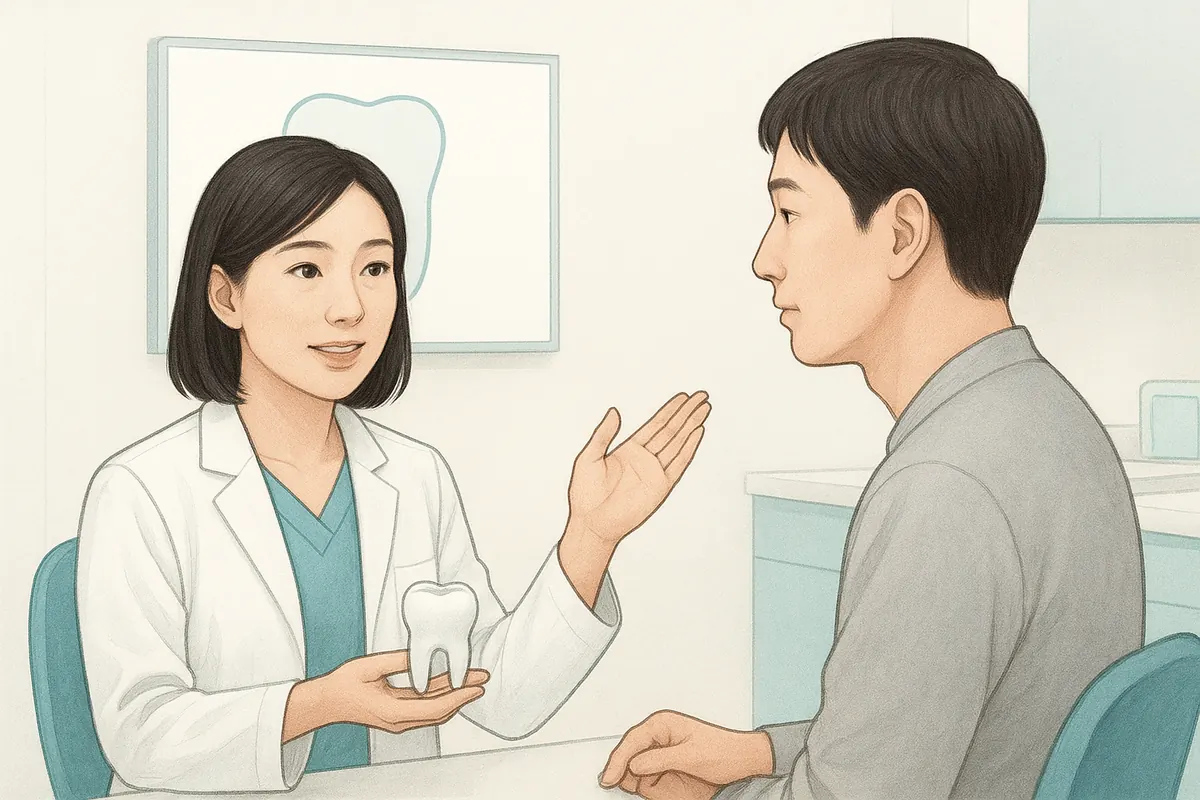 歯科医院で歯科医が患者に根管治療の費用や方針を説明している場面の図。保険診療と自由診療の違いや症例に応じた選択について相談する様子