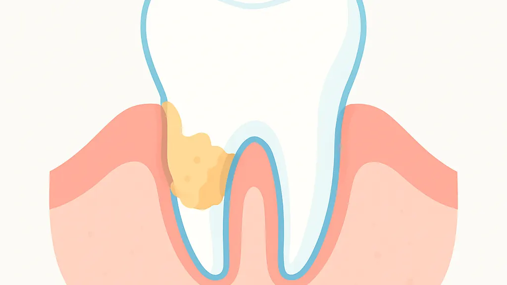 歯と歯ぐきの境目に歯石が付き歯ぐきが腫れている状態を示した断面のイラスト