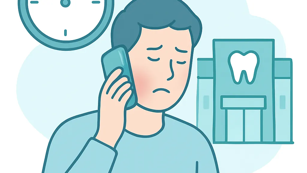 歯の痛みを抱えた人が朝のうちに歯科医院へ電話をかけて当日の予約を取る様子のフラットイラスト
