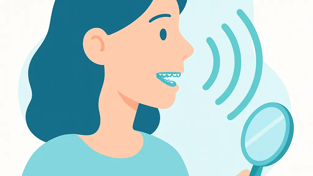 舌側矯正の発音練習を表す、話す人と音の波形、小さな手鏡のイラスト