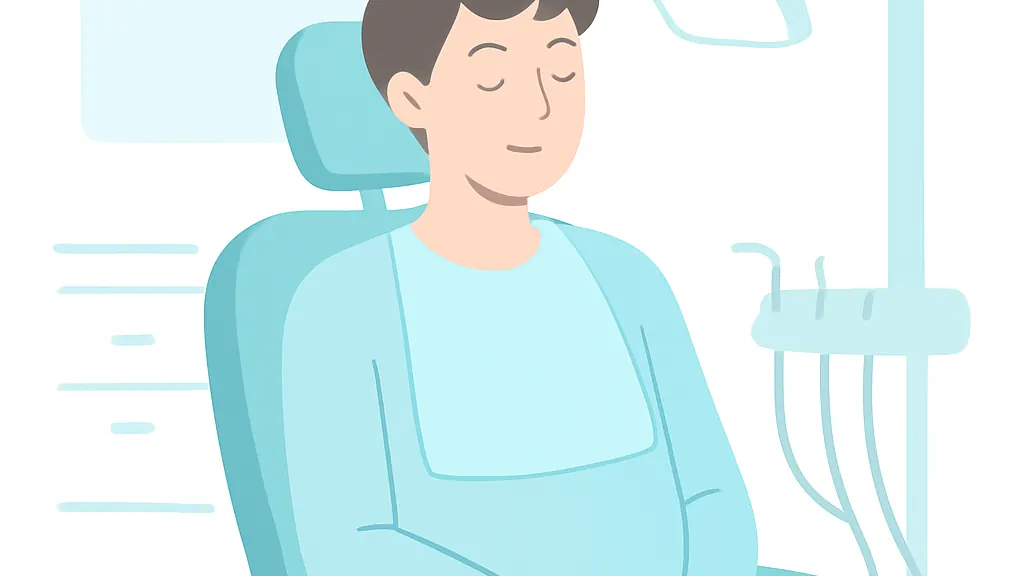 診療チェアに落ち着いて座っている若い患者のイラスト