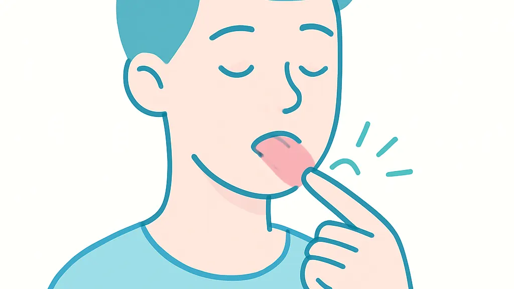 舌の先に手を添え、ヒリヒリした灼熱感を放射状の線で表したフラットイラスト