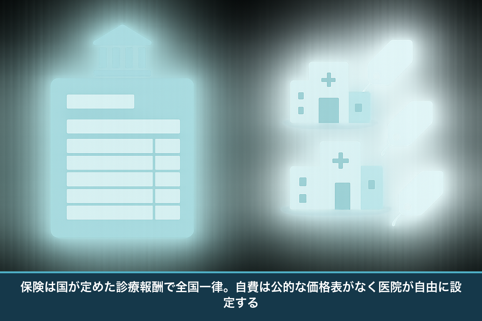 保険と自費で価格の決まり方が違うことを示す図。保険は国が定めた価格表で全国一律、自費は医院ごとに価格が異なる