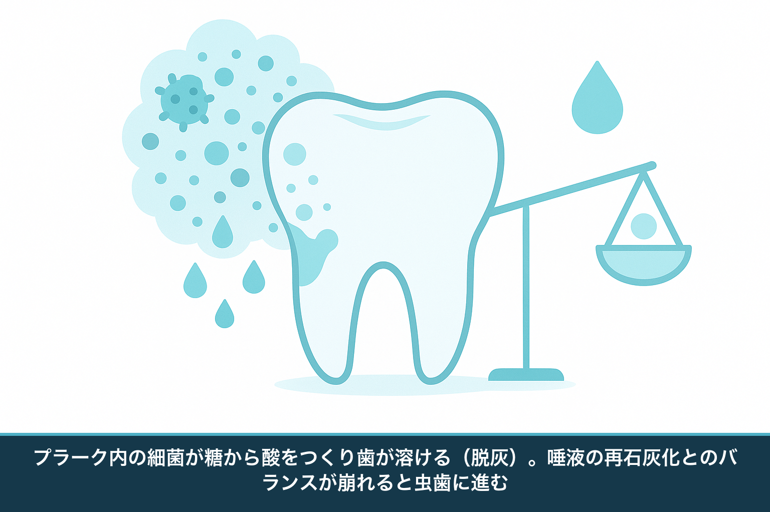 虫歯ができる仕組みの模式図。歯垢の中の細菌が糖を分解して酸をつくり歯を溶かす脱灰と、唾液による再石灰化のバランスを示す