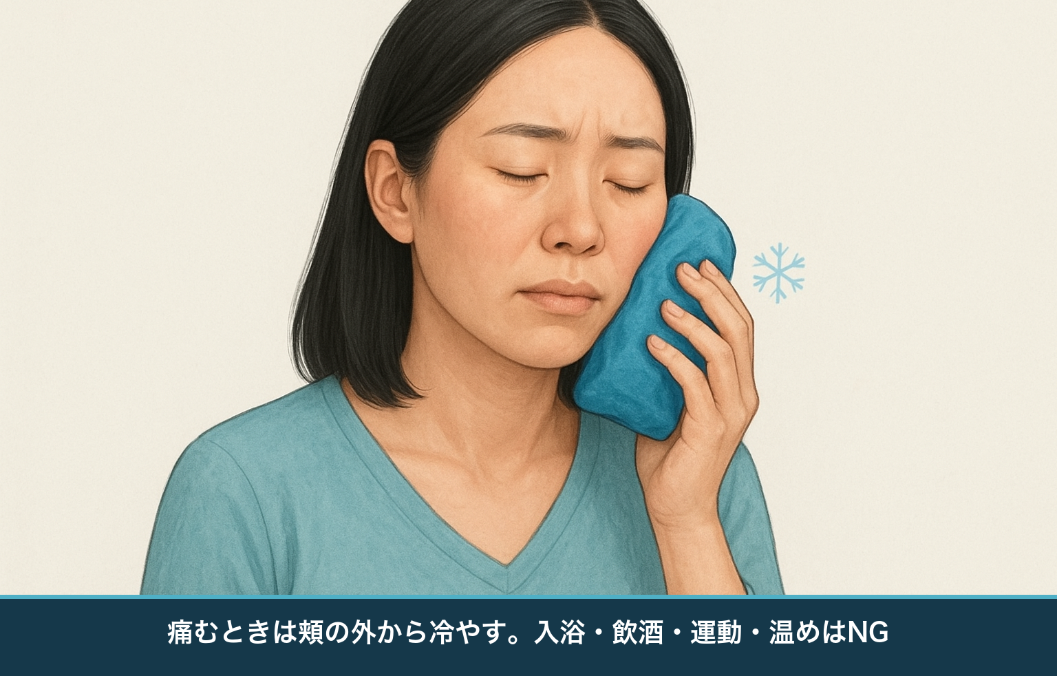 歯が痛むときの応急処置の図。頬の外から冷やすとよく、入浴・飲酒・運動・温めは避ける