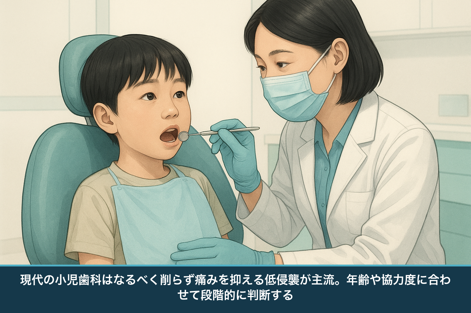 歯科診療を受ける日本人の子どもと、やさしく口の中を診る歯科医師の図。なるべく削らず負担を抑える治療を示す