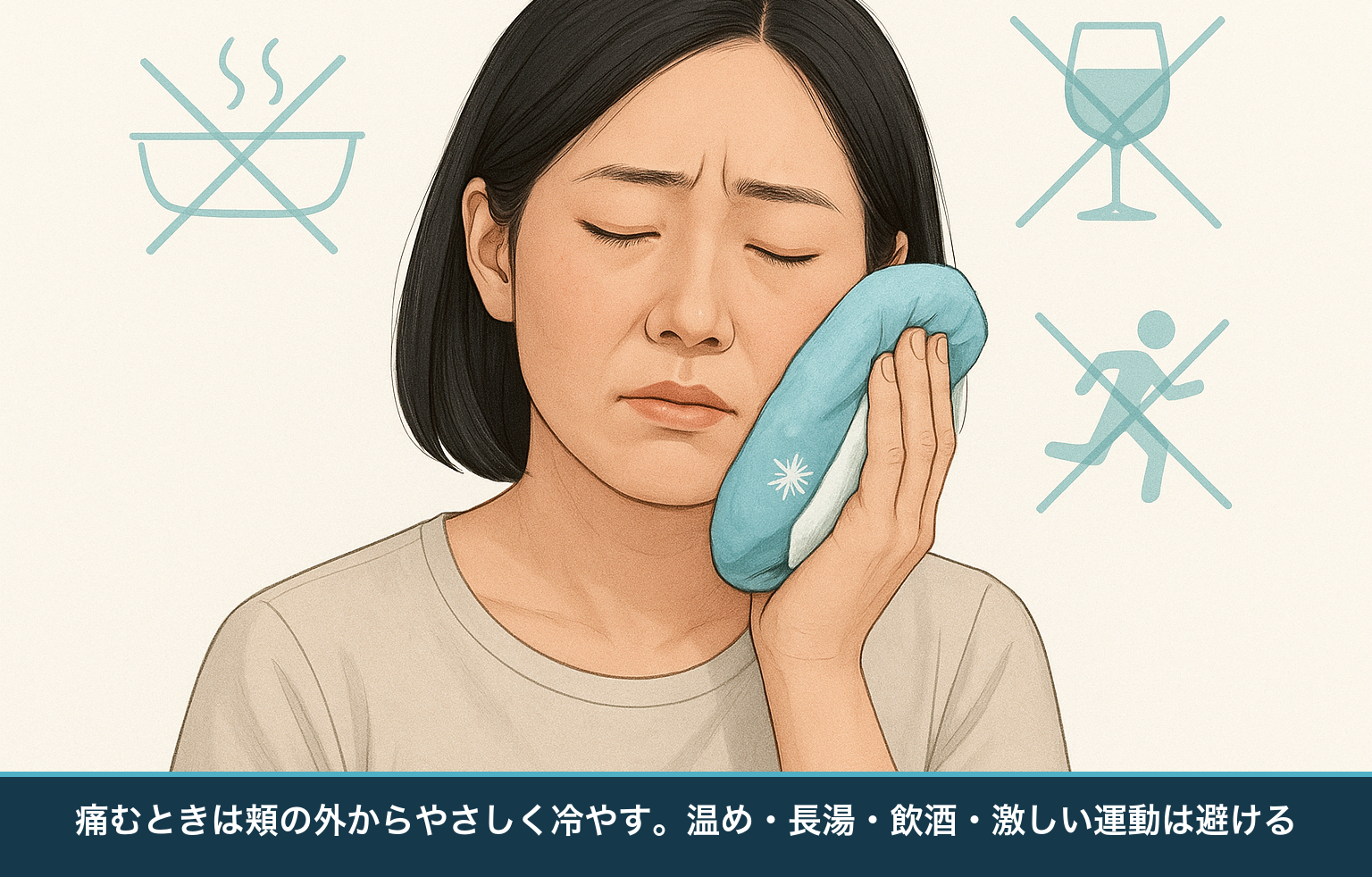 歯が痛むときの応急処置の図。日本人が頬の外からタオルで包んだ保冷剤で冷やし、入浴・飲酒・運動・温めは避ける様子
