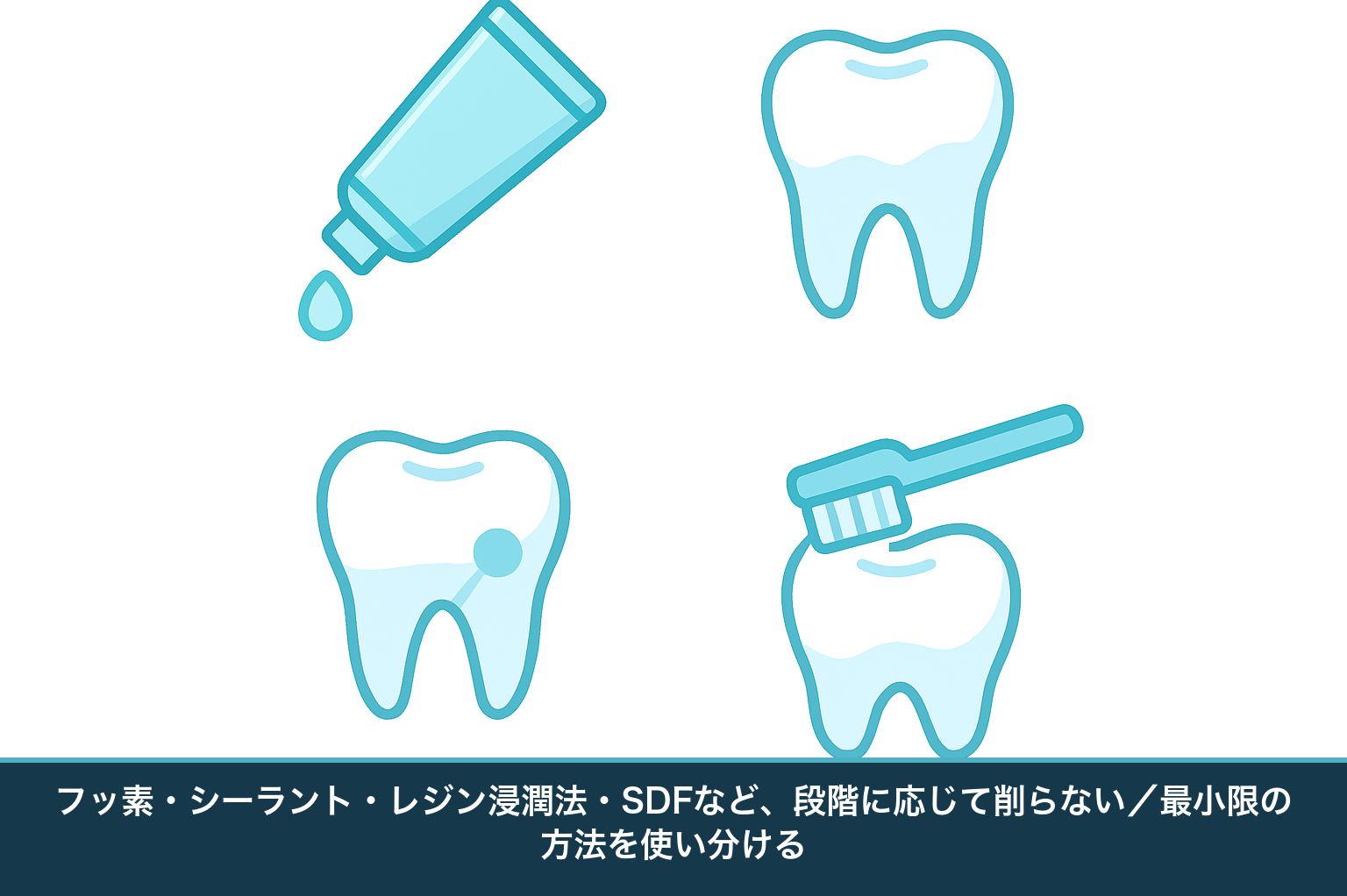 削らない・最小限で済ませるための方法(フッ素、シーラント、レジン浸潤法、進行抑制材)を並べた解説図