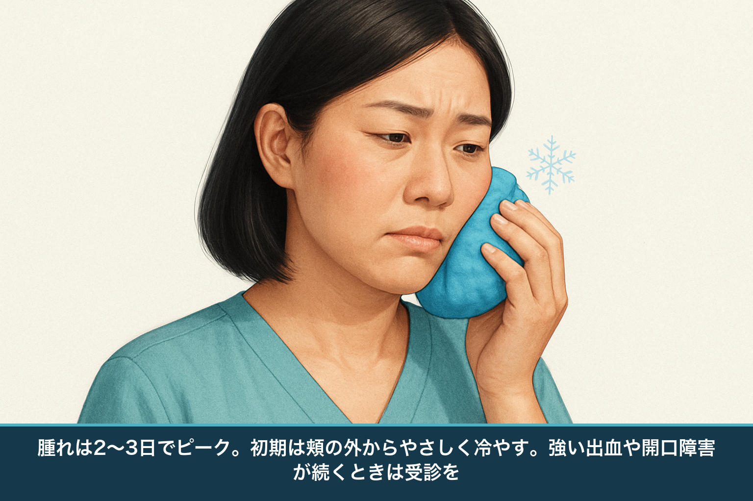 親知らず抜歯後の腫れへの対処の図。日本人の大人が頬の外から青い冷却材でやさしく冷やしている様子