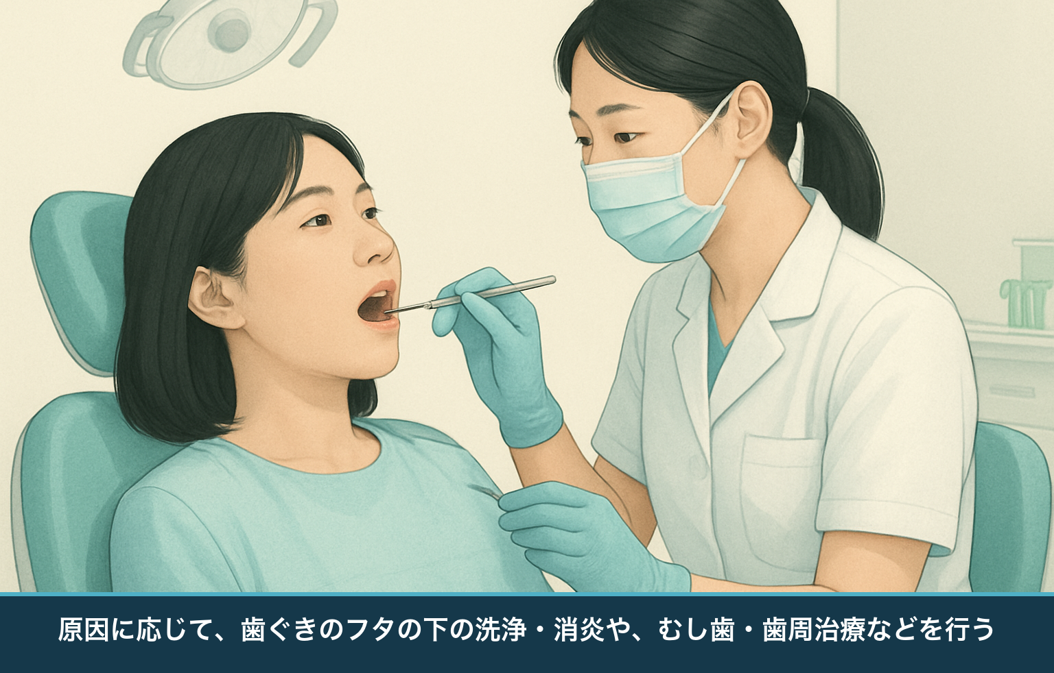 歯科医院での処置の図。親知らず周囲の洗浄・消炎やむし歯・歯周治療など、原因に応じた対処を行う様子